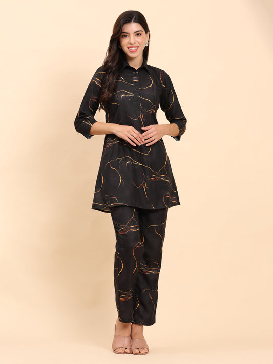 Noia Black & Gold Abstract Shirt Collared Top with Trousers