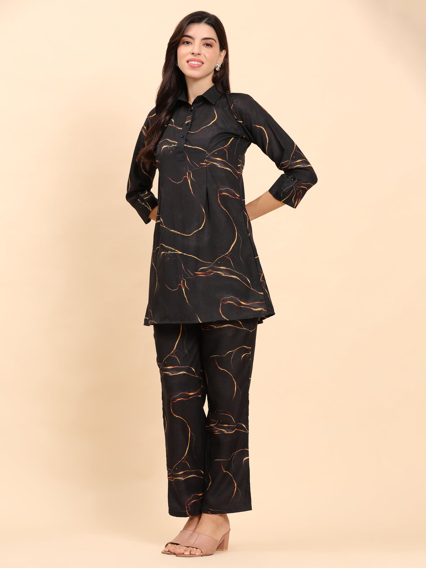 Noia Black & Gold Abstract Shirt Collared Top with Trousers