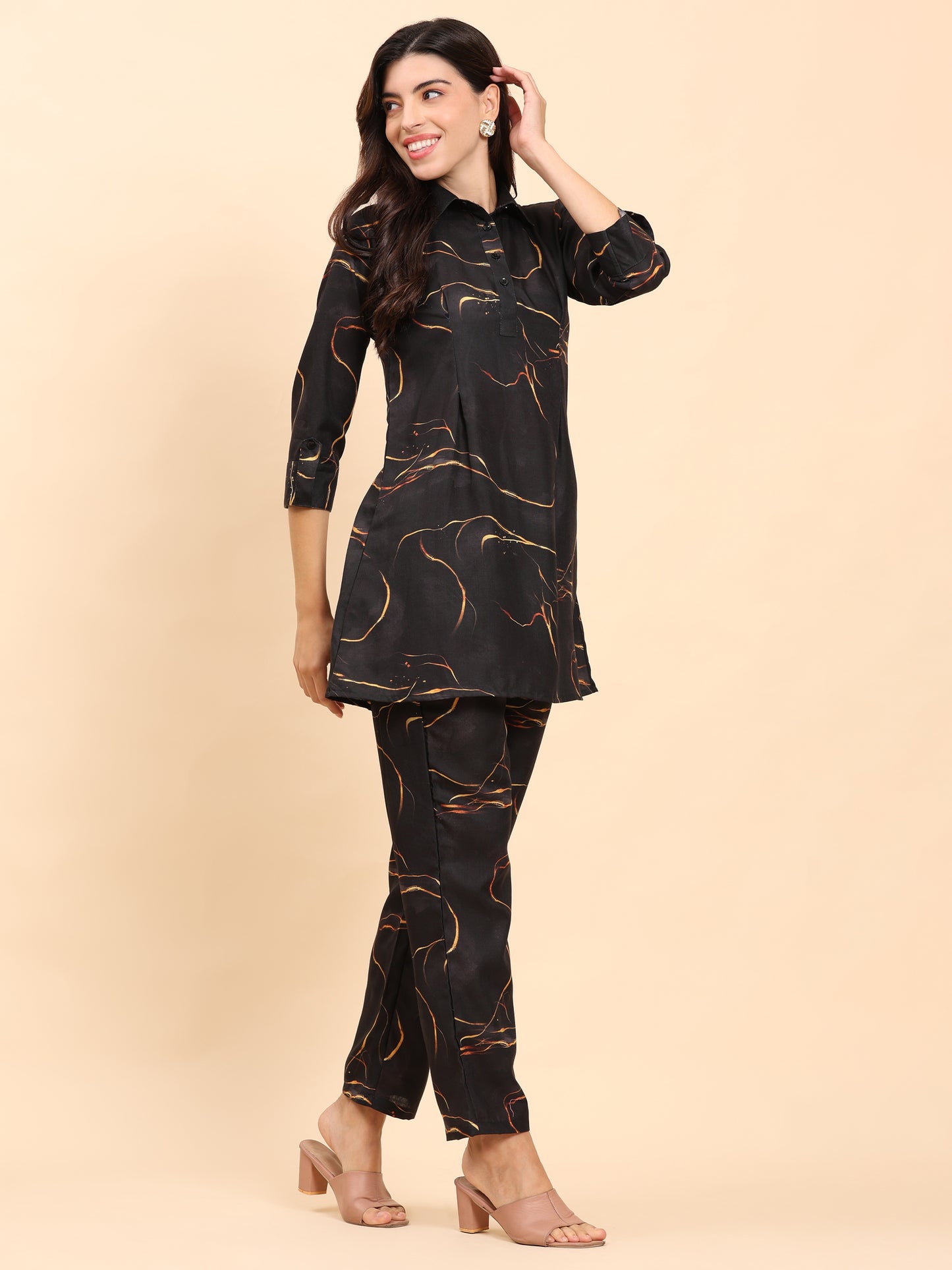 Noia Black & Gold Abstract Shirt Collared Top with Trousers