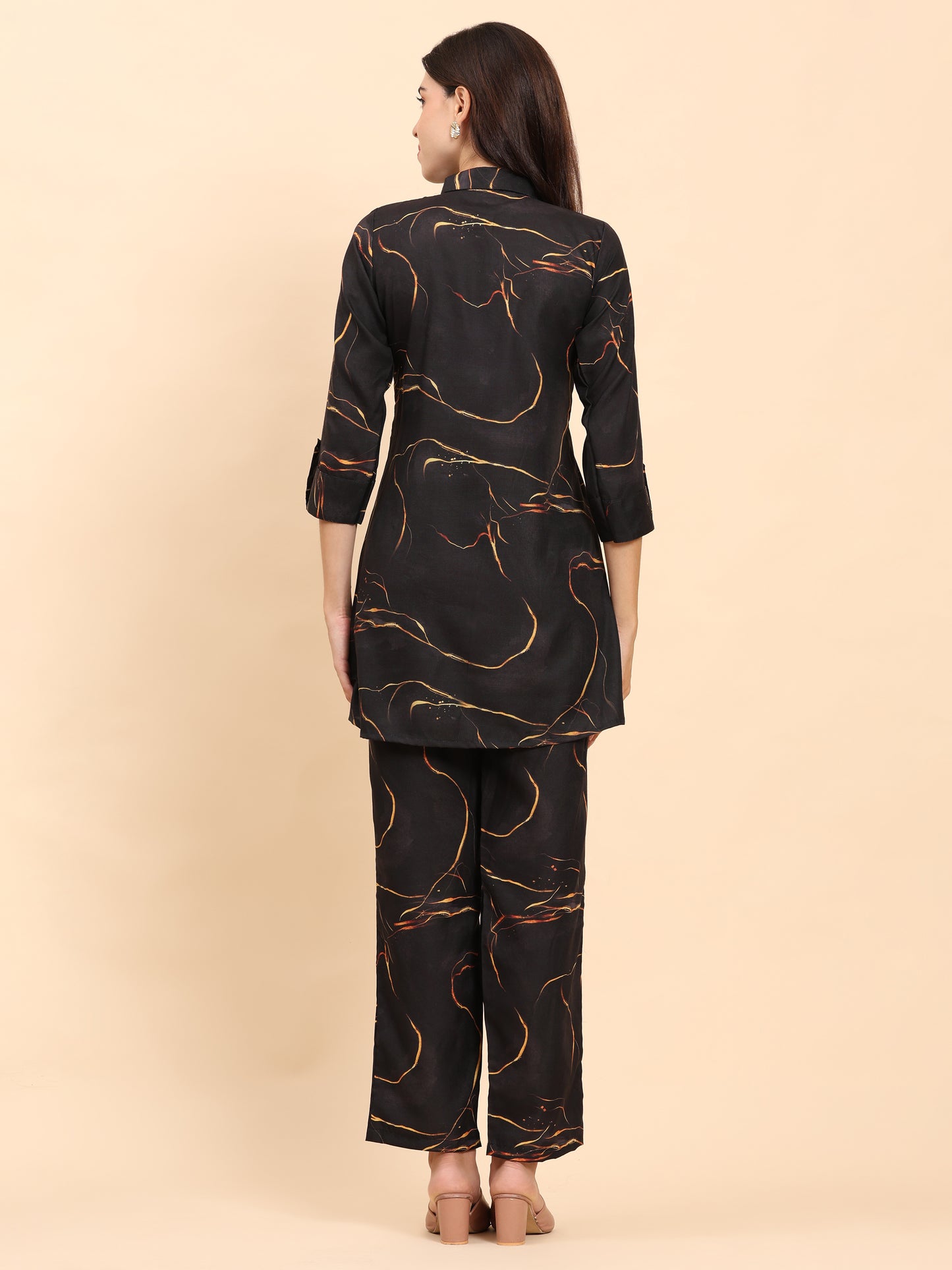 Noia Black & Gold Abstract Shirt Collared Top with Trousers