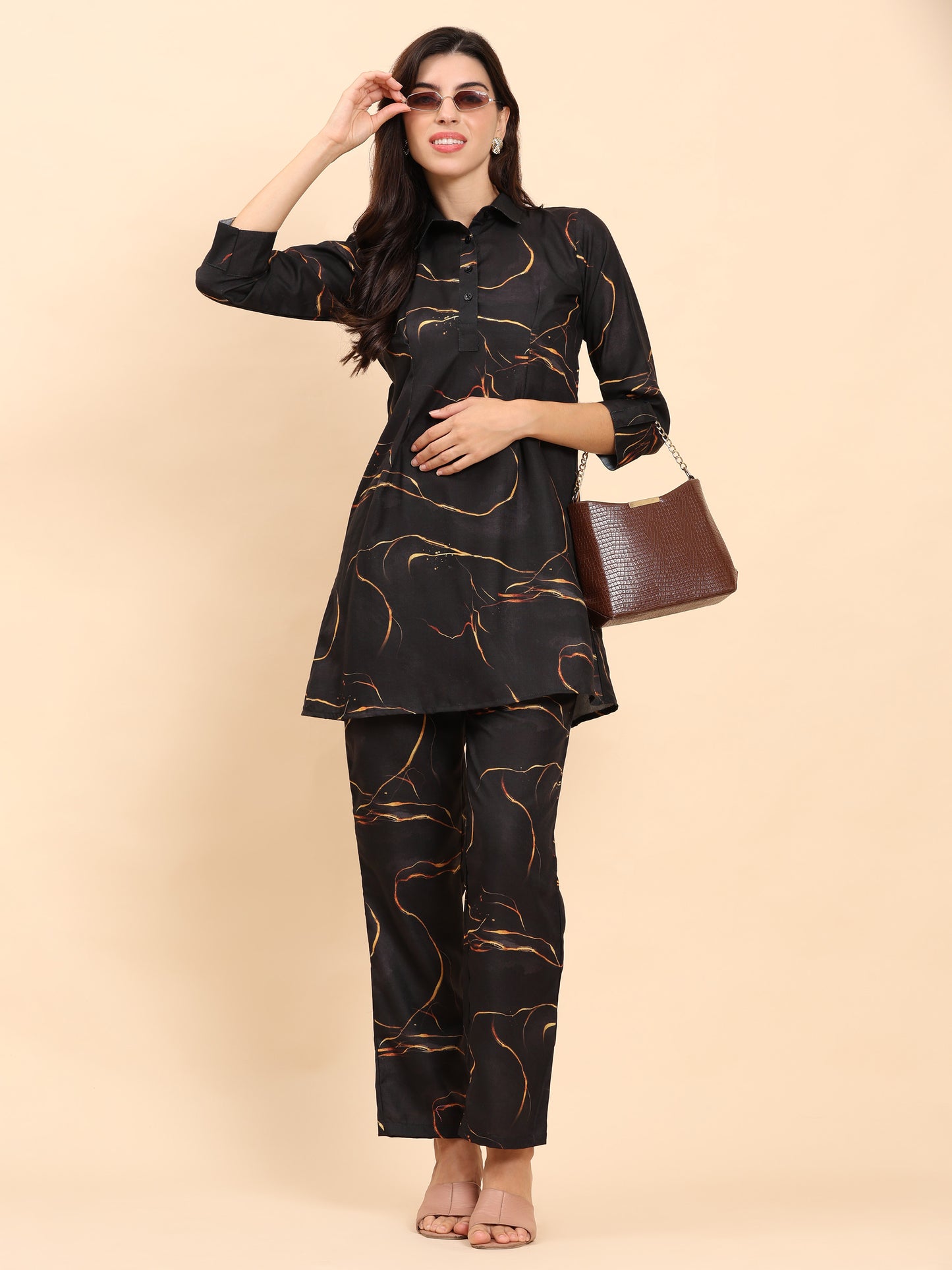 Noia Black & Gold Abstract Shirt Collared Top with Trousers