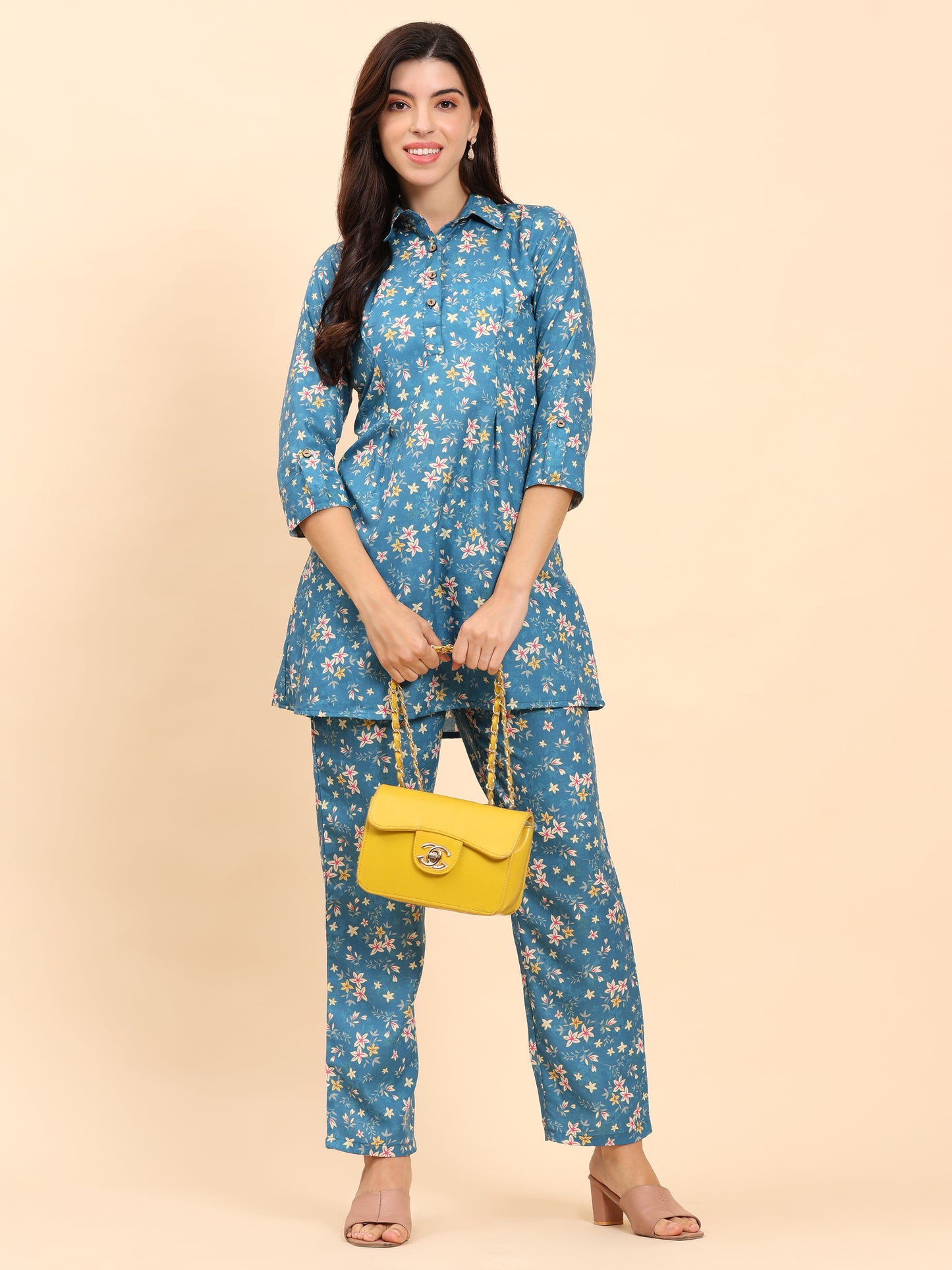 Noia Green & Yellow Floral Ditsy Shirt Collared Top with Trousers