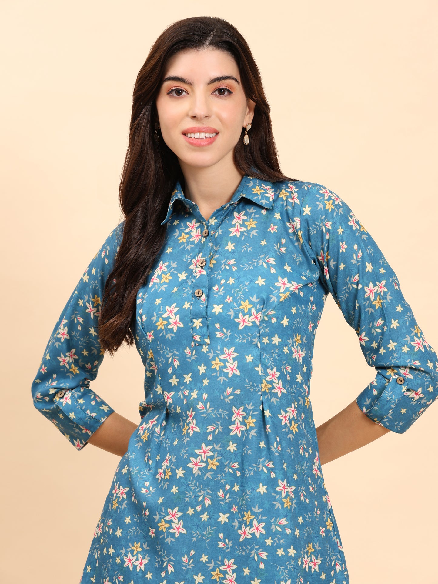 Noia Green & Yellow Floral Ditsy Shirt Collared Top with Trousers