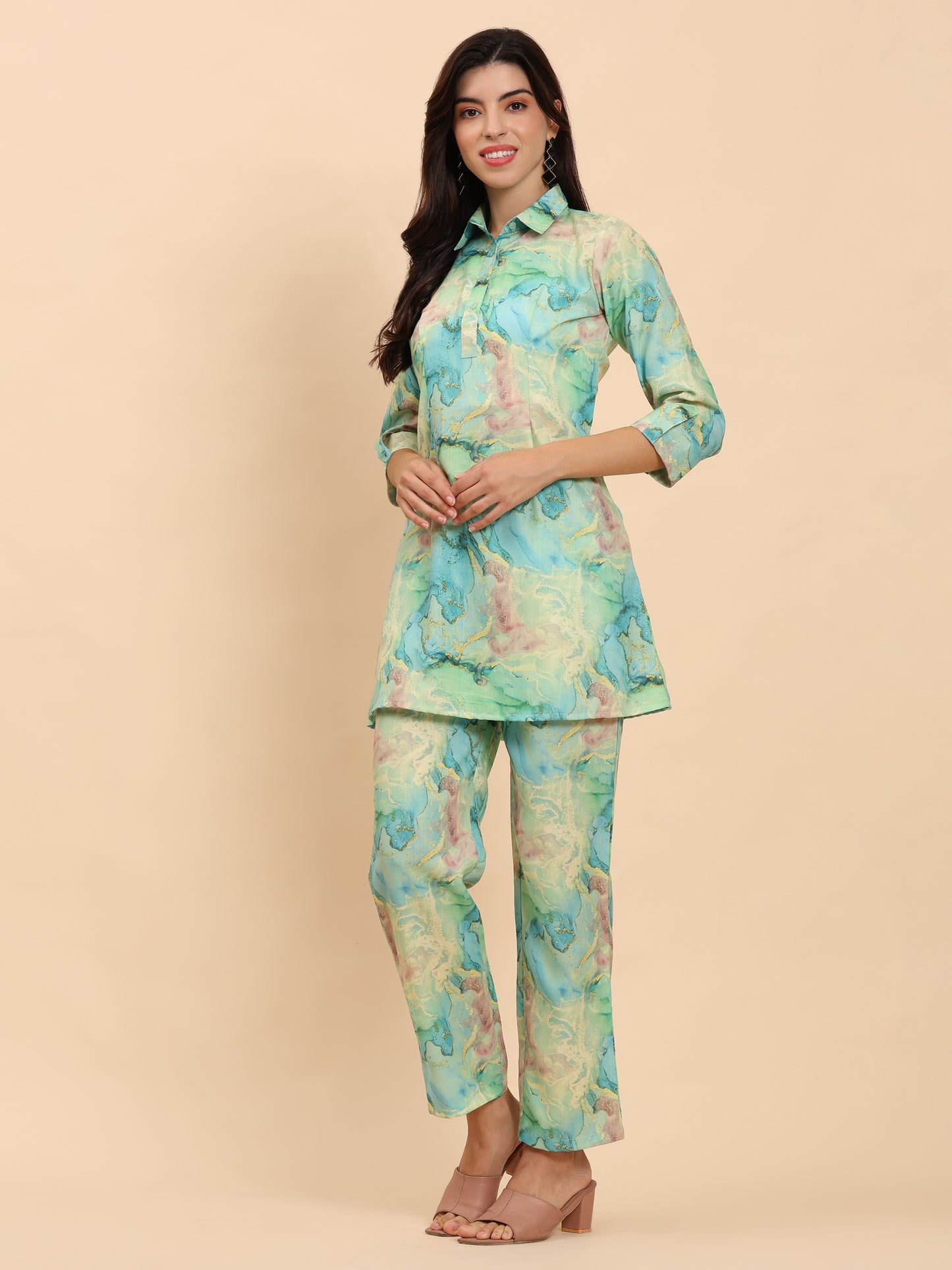 Noia Green & Gold Abstract Shirt Collared Top with Trousers