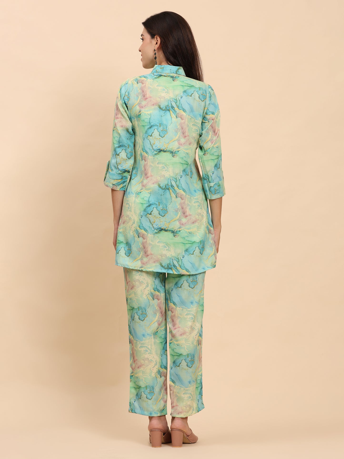 Noia Green & Gold Abstract Shirt Collared Top with Trousers