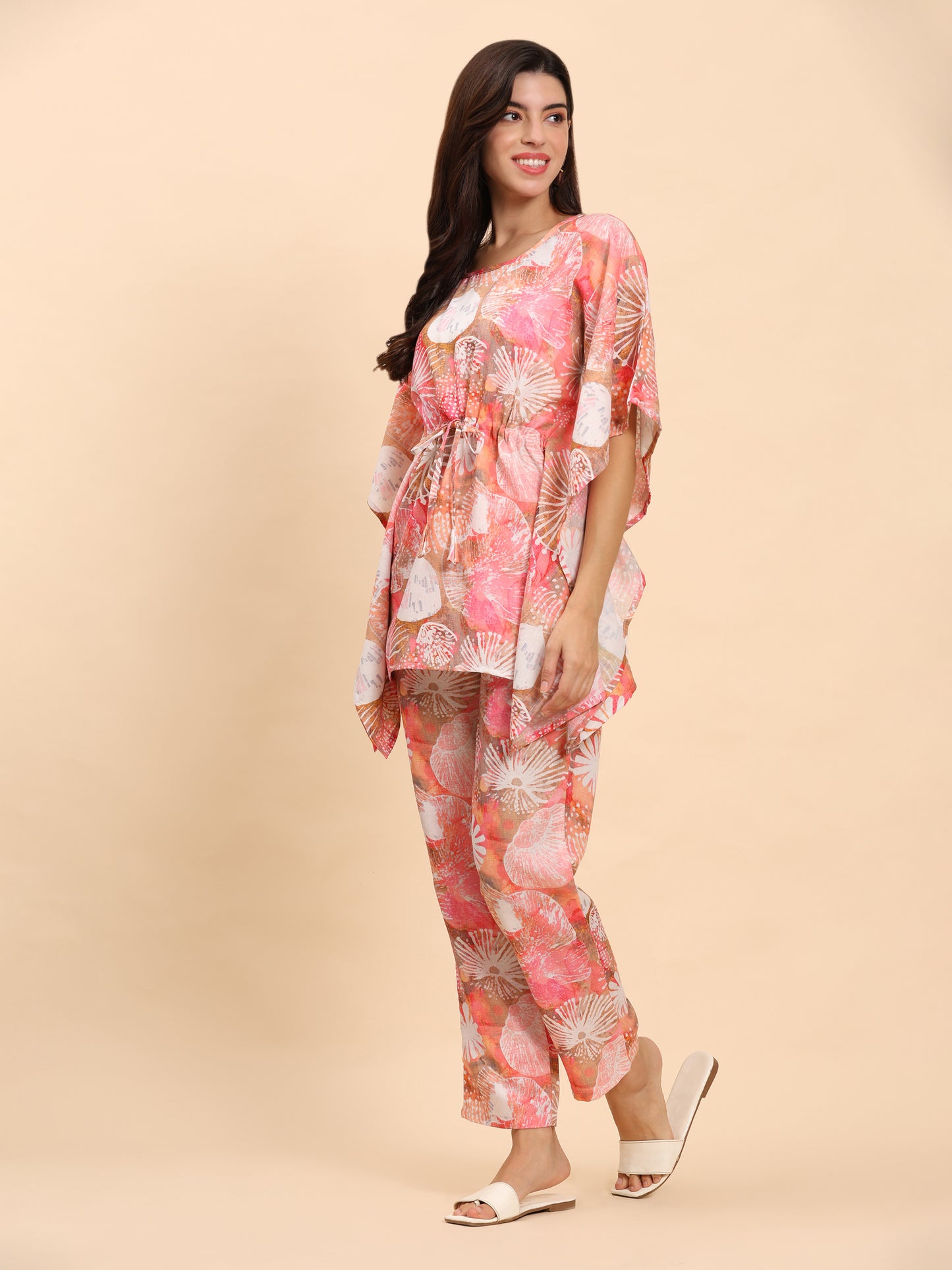 Noia Pink Multi Abstract Kaftan Top with Trousers