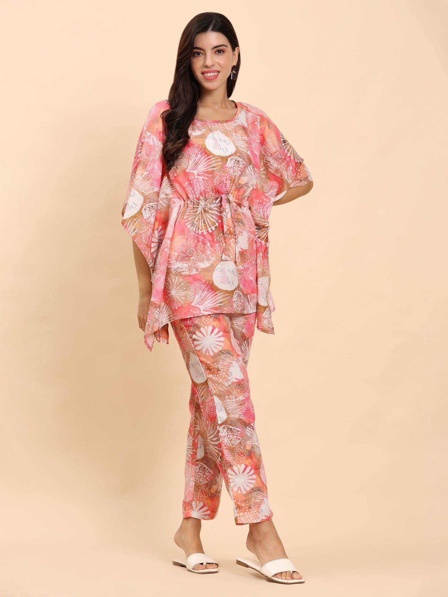 Noia Pink Multi Abstract Kaftan Top with Trousers