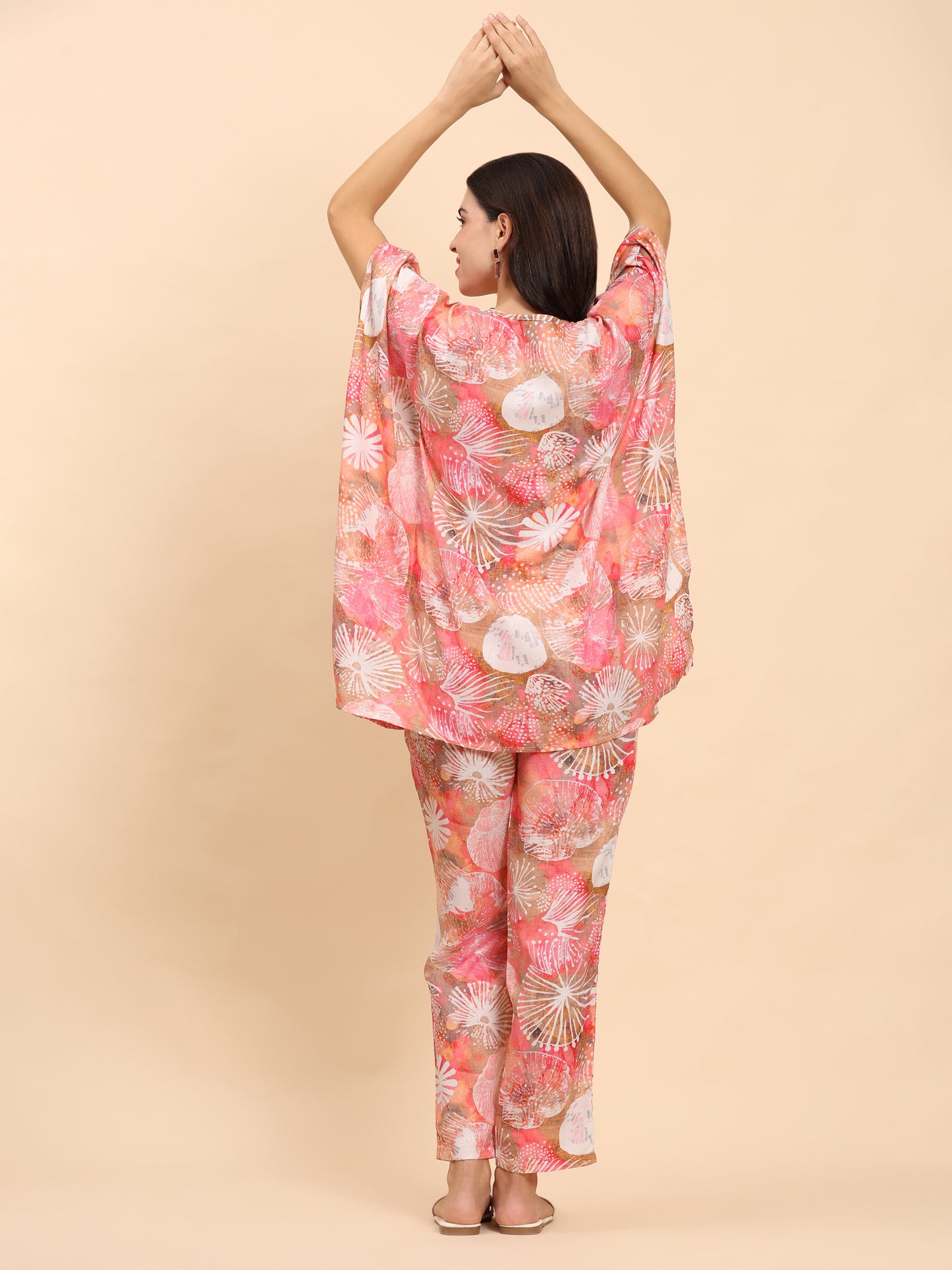 Noia Pink Multi Abstract Kaftan Top with Trousers