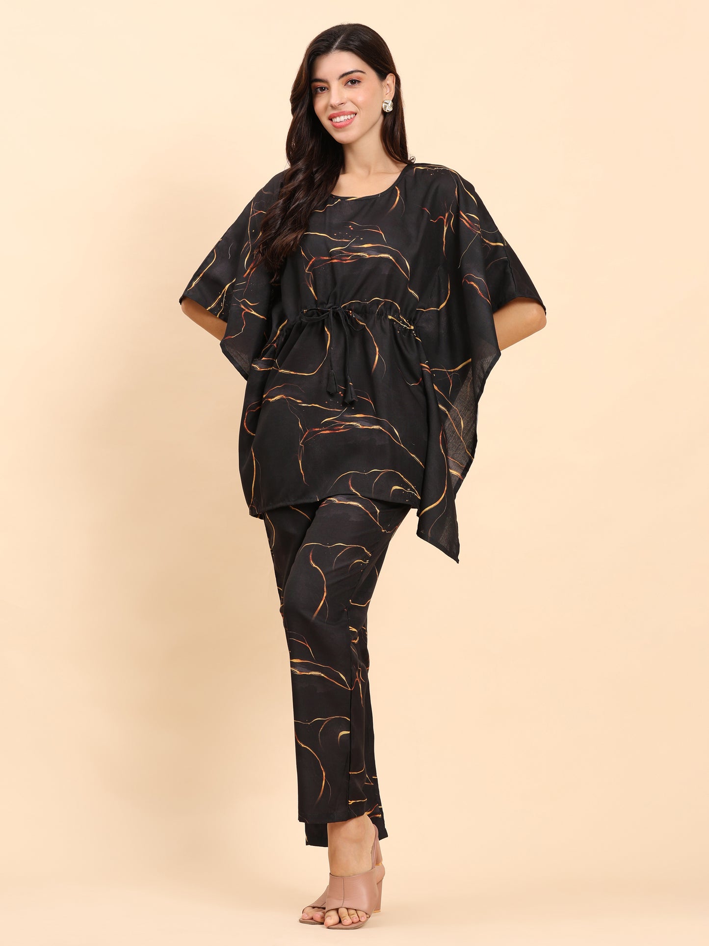 Noia Black & Gold Abstract Kaftan Top with Trousers