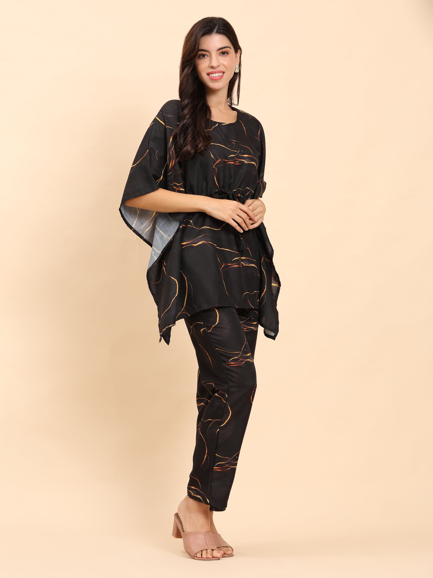 Noia Black & Gold Abstract Kaftan Top with Trousers