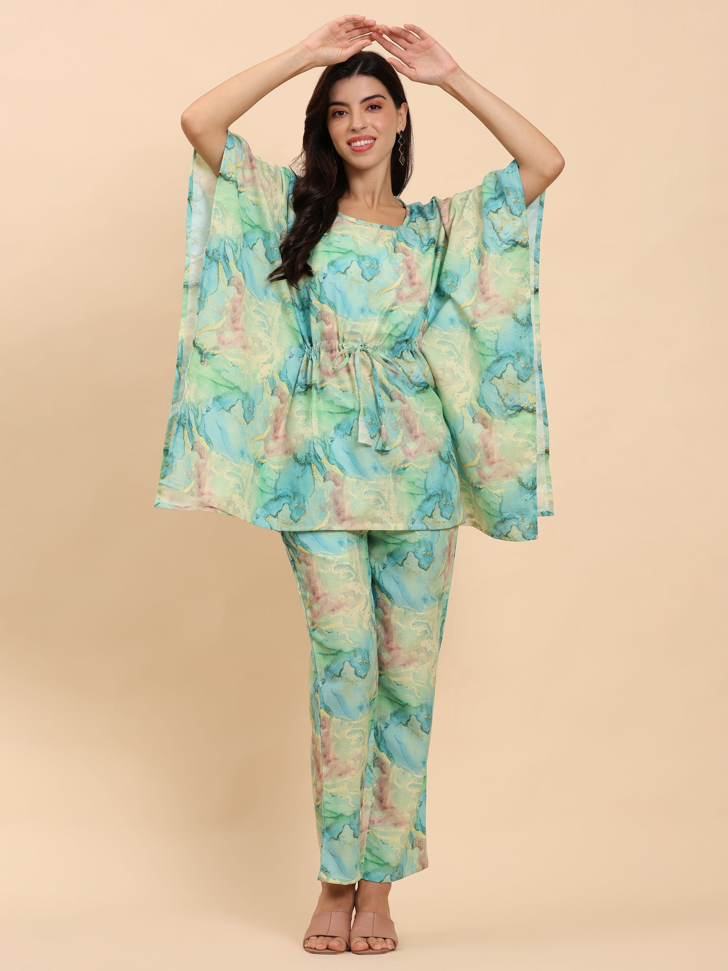 Noia Green & Gold Abstract Kaftan Top with Trousers