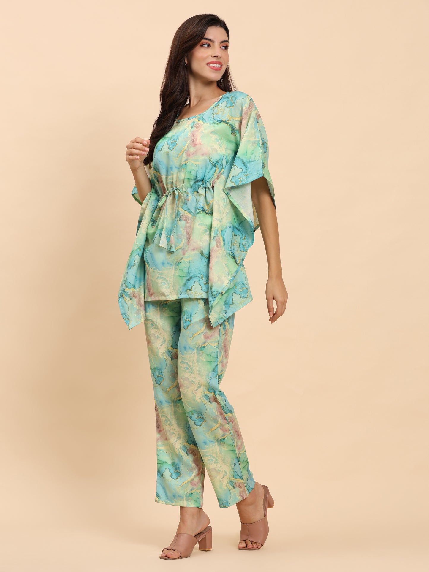 Noia Green & Gold Abstract Kaftan Top with Trousers