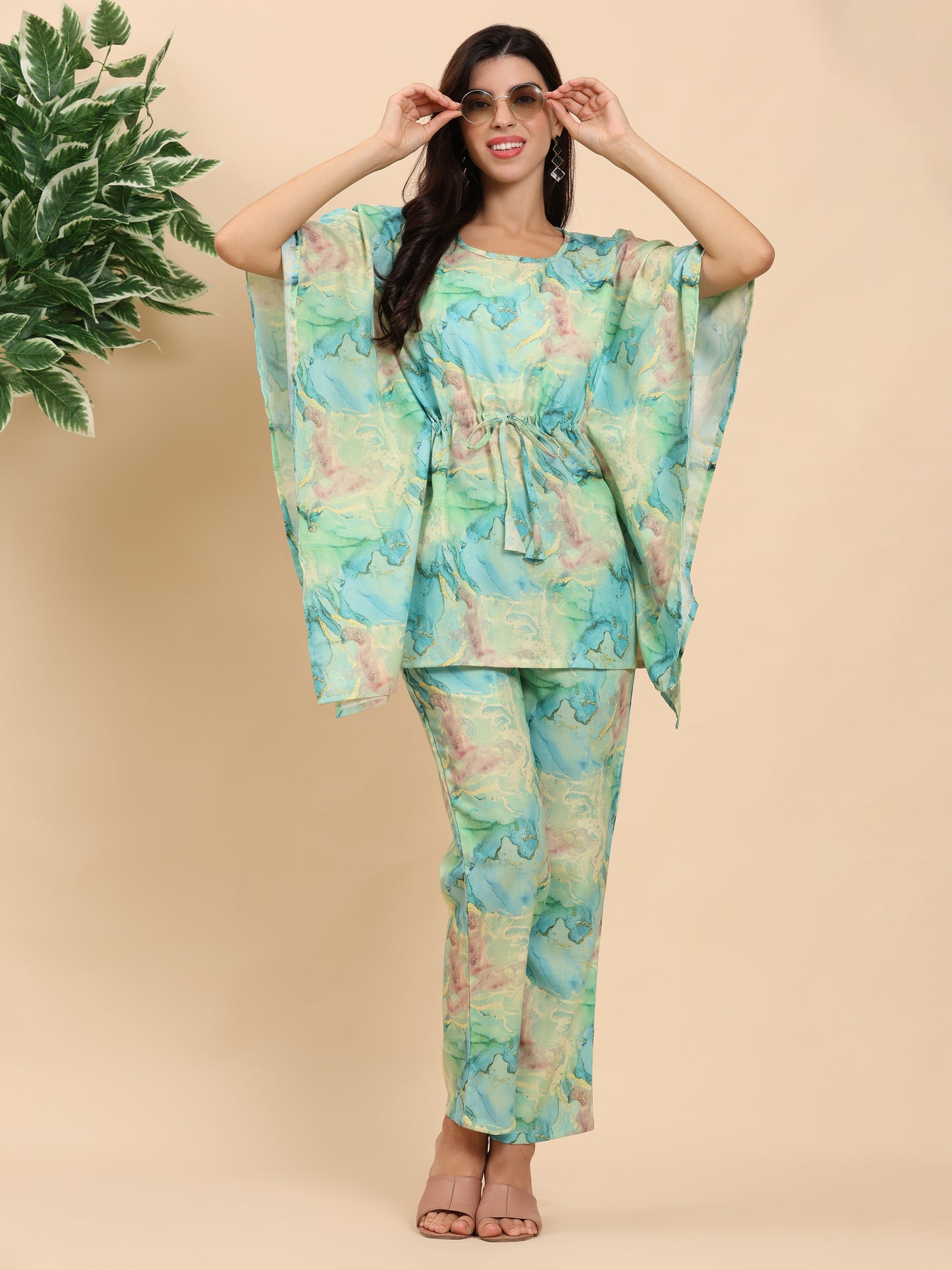 Noia Green & Gold Abstract Kaftan Top with Trousers