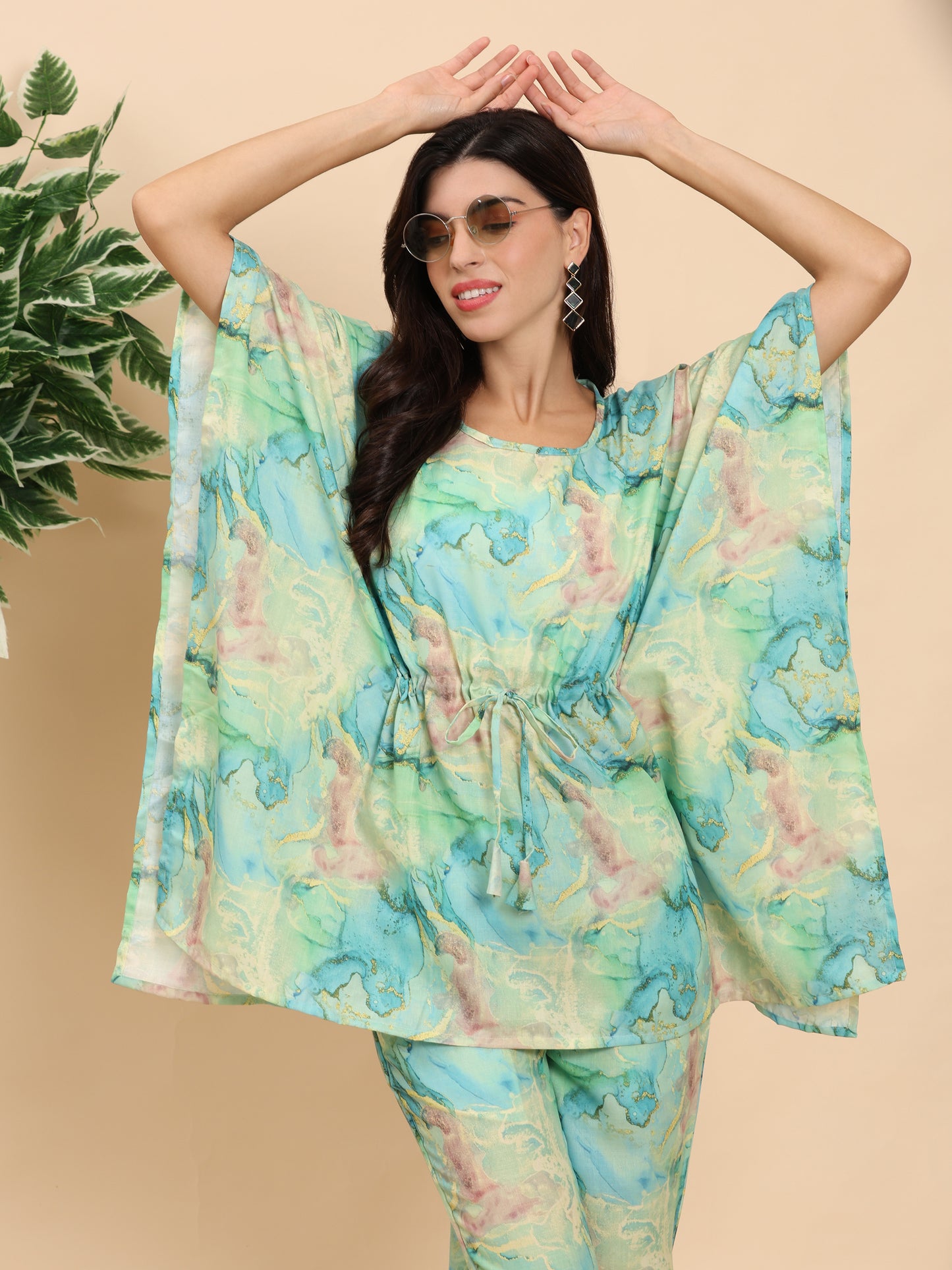 Noia Green & Gold Abstract Kaftan Top with Trousers