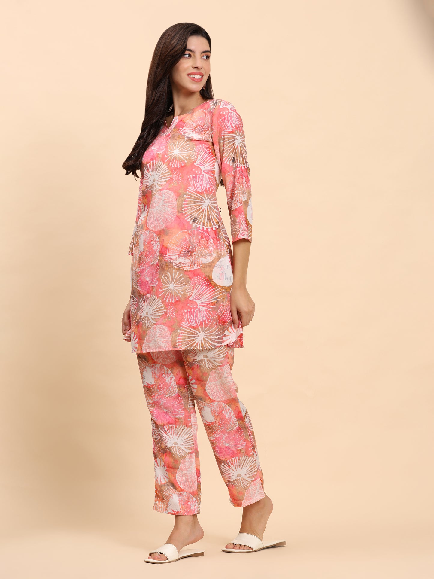 Noia Pink Multi Abstract Round Neck Top with Trousers