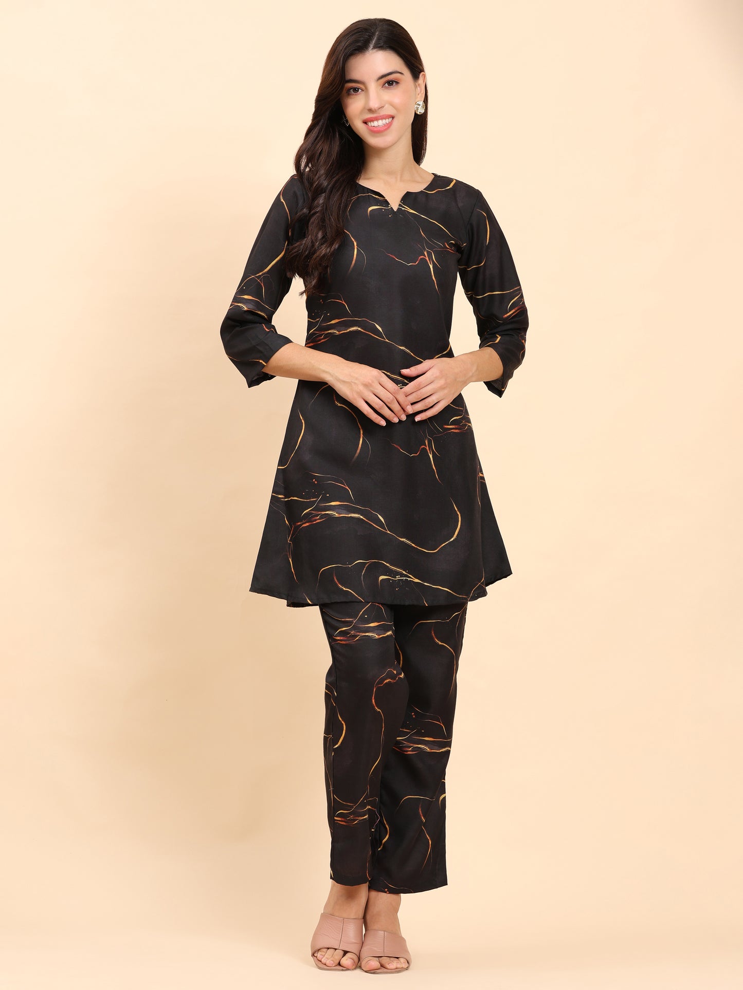 Noia Black & Gold Abstract Round Neck Top with Trousers