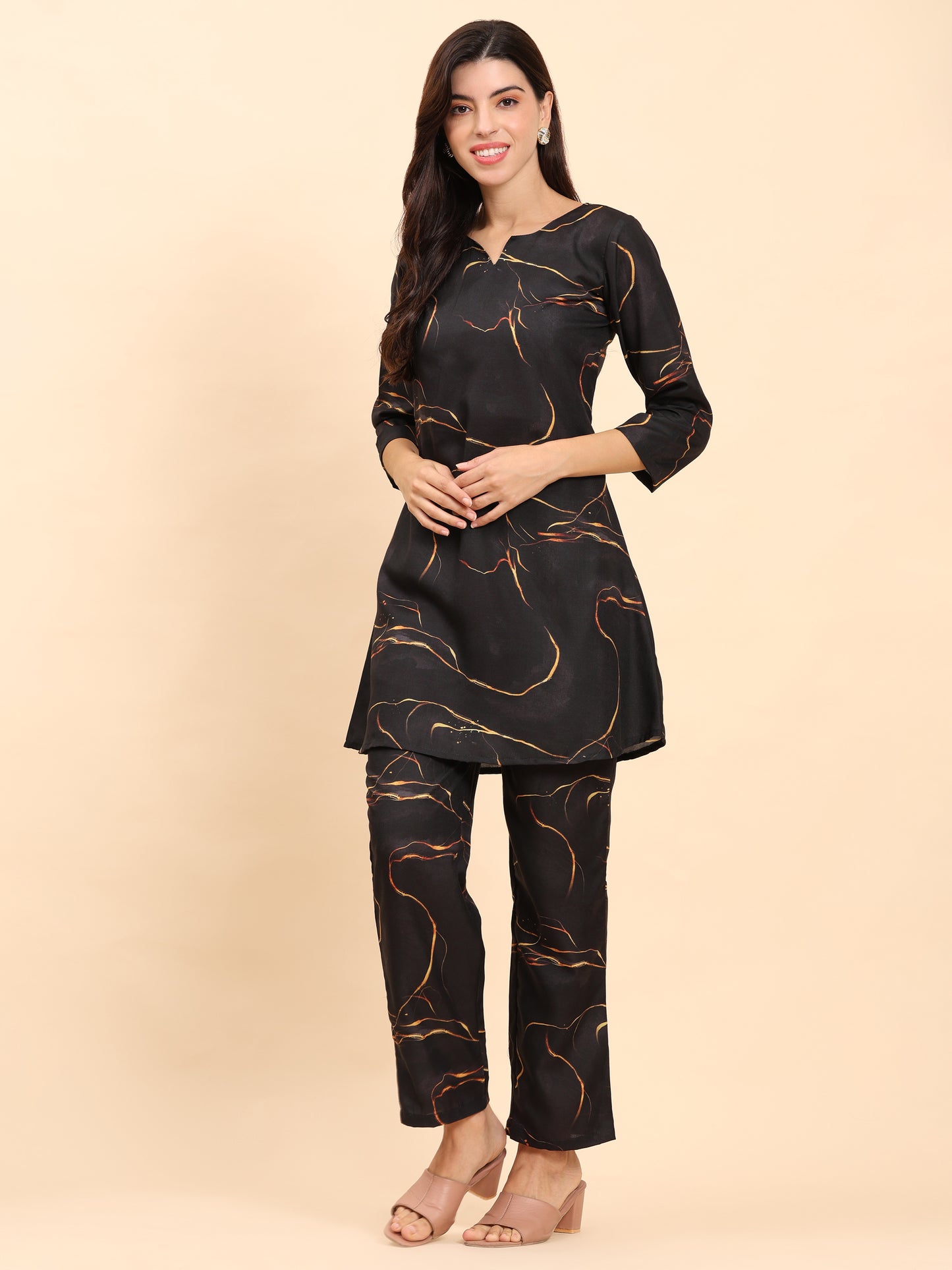 Noia Black & Gold Abstract Round Neck Top with Trousers