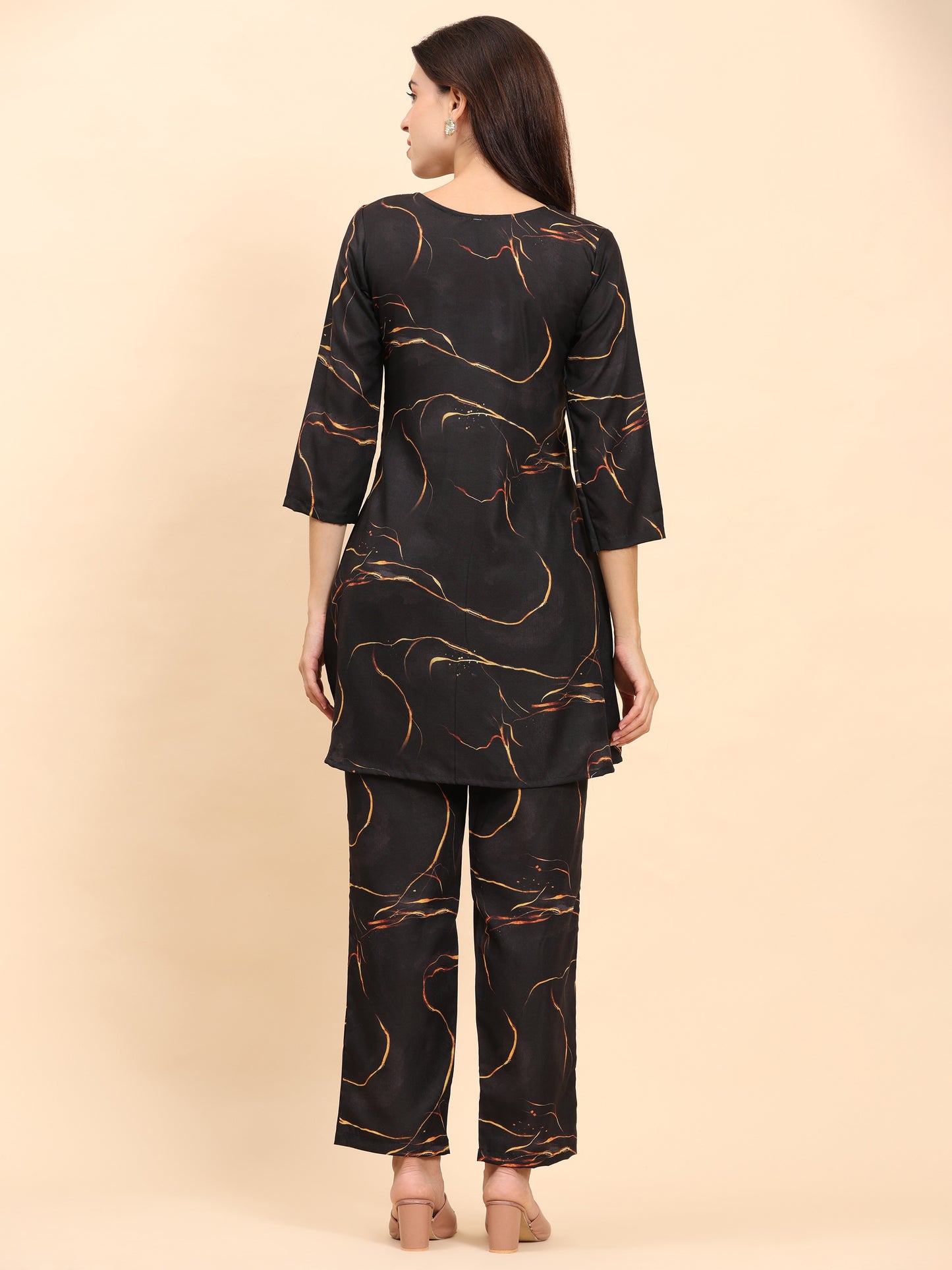 Noia Black & Gold Abstract Round Neck Top with Trousers