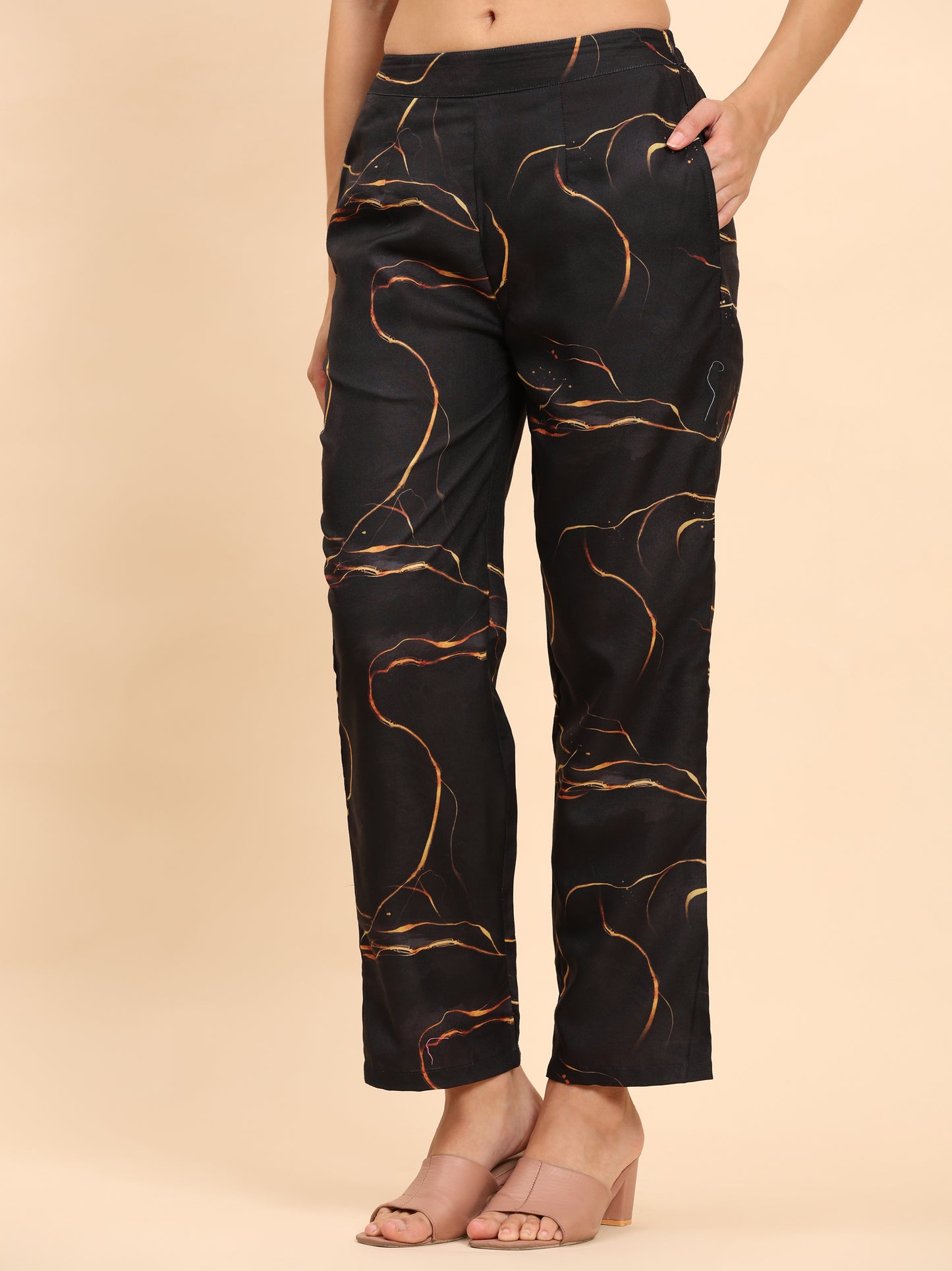 Noia Black & Gold Abstract Round Neck Top with Trousers